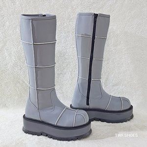 Demonia Gray Reflective Patchwork Platform Goth Punk Knee Boots